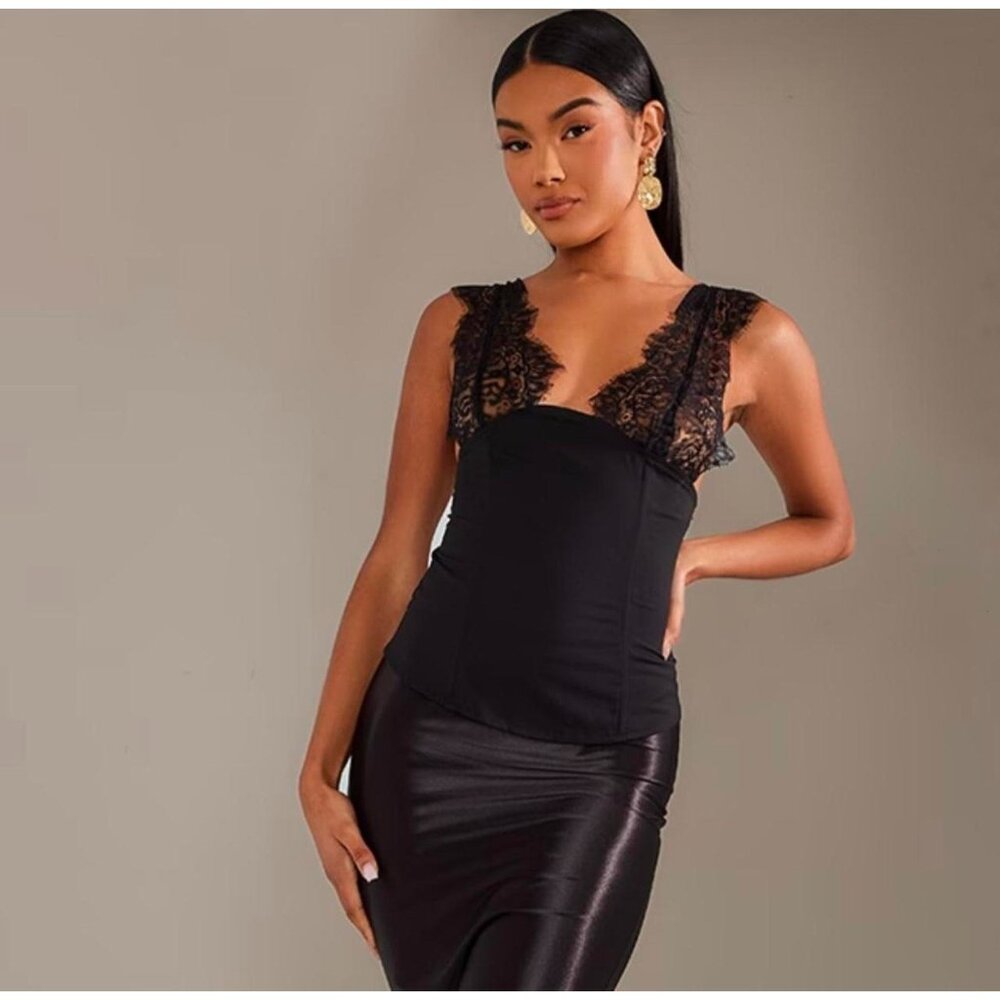 NWT PrettyLittleThing Black Lace Bust Cup Boned Corset Longline Top Size 6